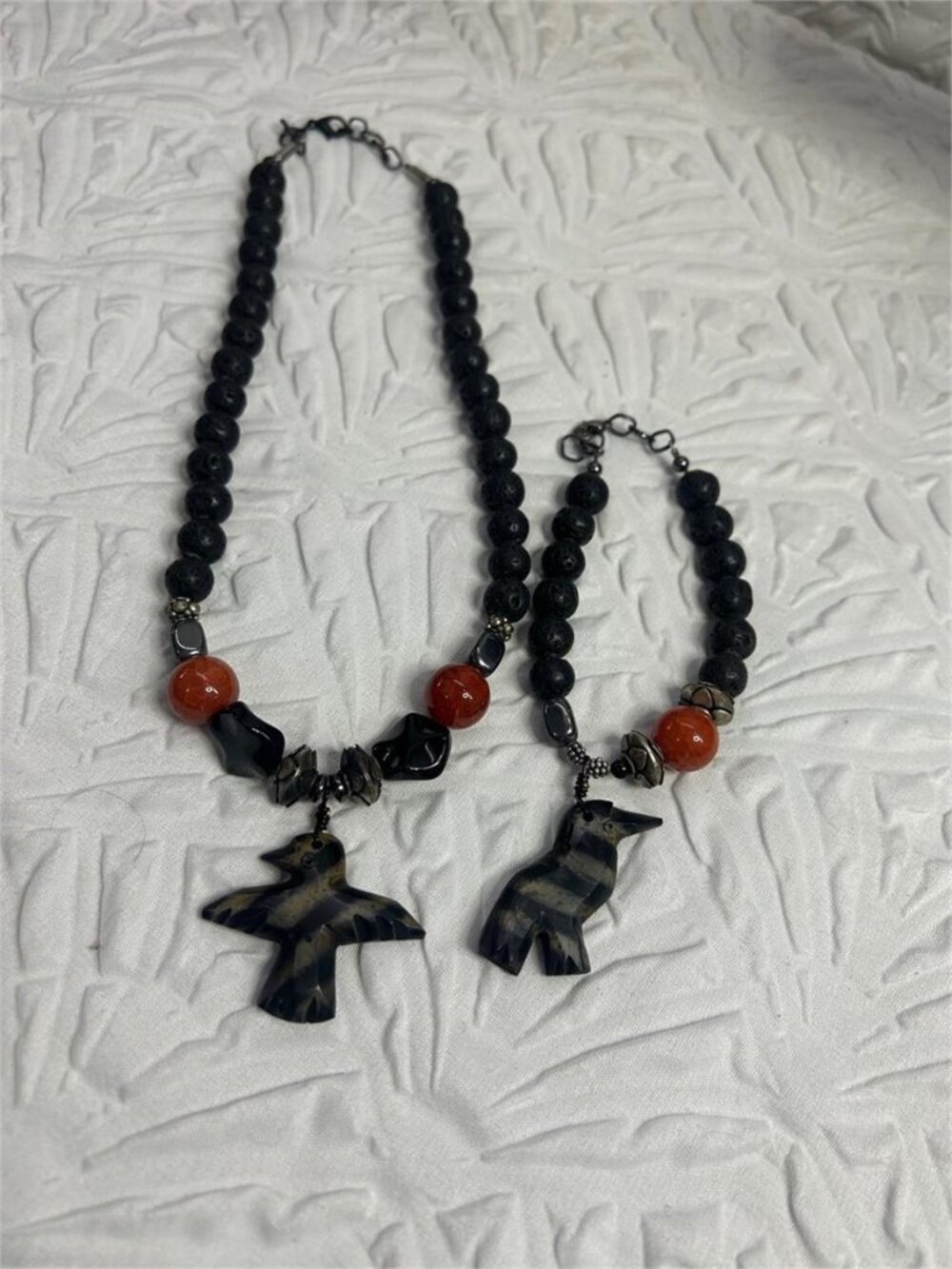 Stone Bead Jewelry Set w Bird Pendants